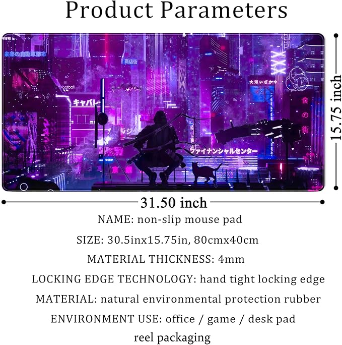 Anime Neon Mouse Pad Purple City Gaming Desk Big Cute Kawaii Pink Extended Mouse Pad Gaming,Office Keyboard Pc Laptop Mousepad Large 31.5x15.7 in-with Stitched Eges Non-Slip Base Mouse Pads Mat