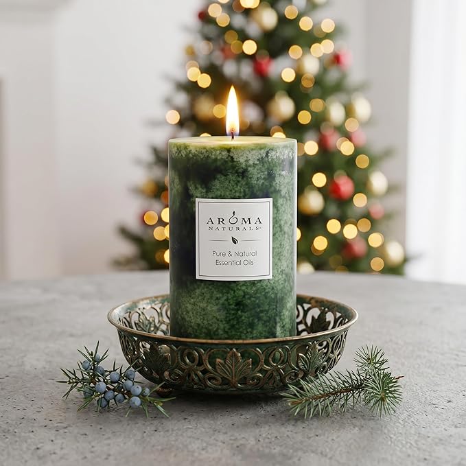 Aroma Naturals Holiday Juniper, Spruce and Basil Essential Oil Pillar Candle - Image 4