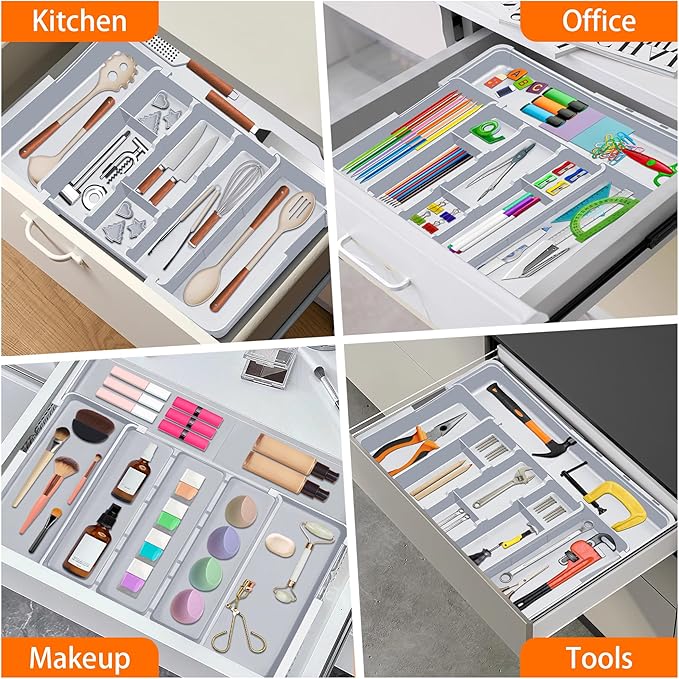 Spaclear Large Utensil Drawer Organizer Expandable Silverware Organizer for Kitchen Drawer Adjustable Cooking Utensil Holder Cutlery Flatware Tray Spatula Tools Gadgets Storage Dividers Plastic Grey