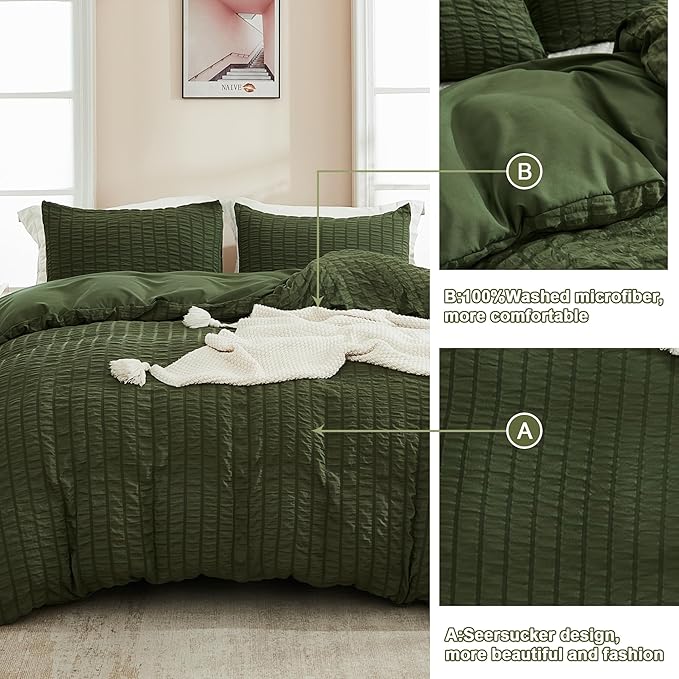 AveLom Dark Olive Green Seersucker Duvet Cover Set Full, 3 Pieces, Ultra Soft - Image 5