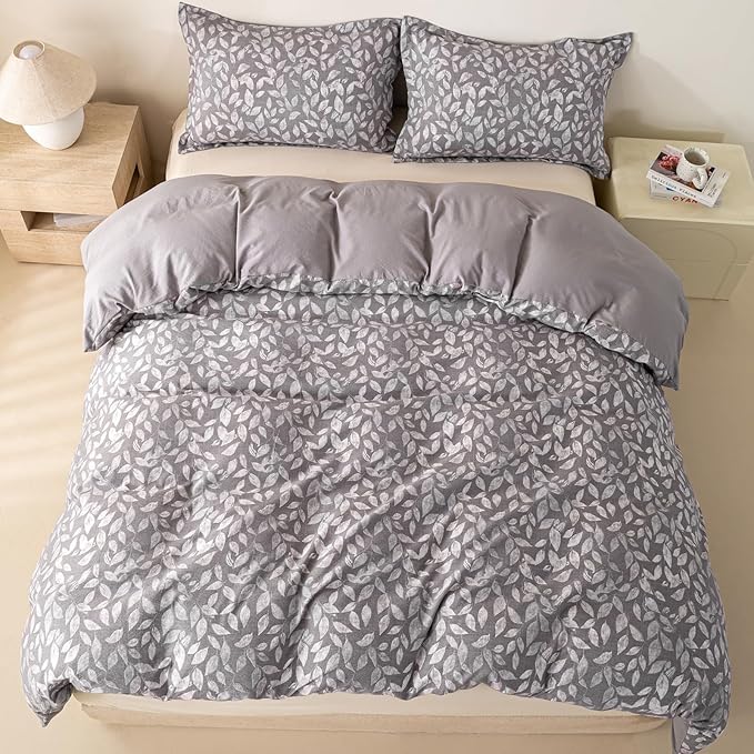 OAITE Grey Fallen Leaves Queen Size Duvet Cover-3 Pieces Prewashed Cotton-Like - Image 6