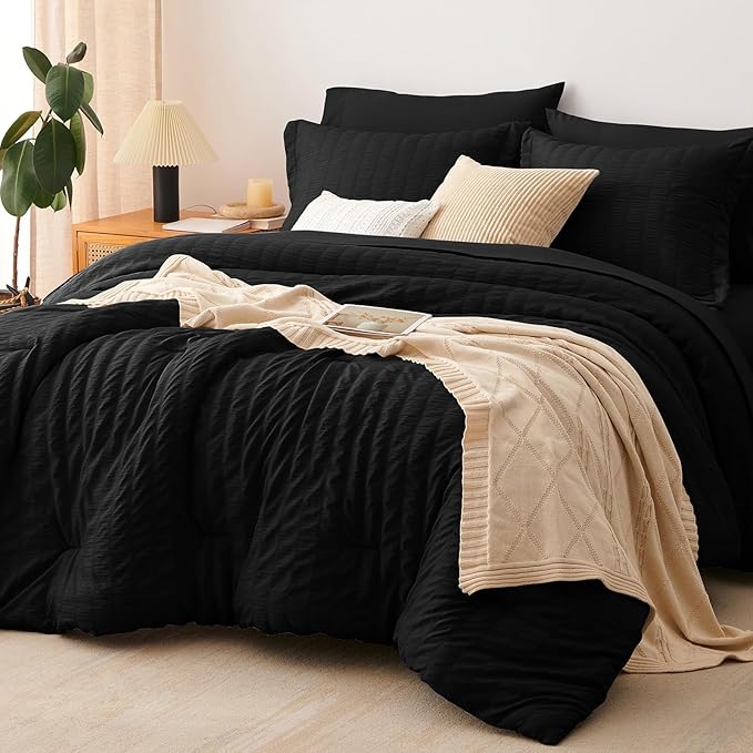 CozyLux Oversized King Comforter Set Black Seersucker 7 Pieces 120x98 Bed in a by CozyLux