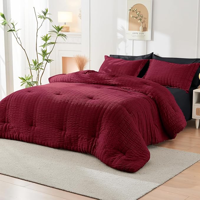HYMOKEGE Red & Black Twin Comforter Set Seersucker 5 Pieces, All Season Luxury - Image 9