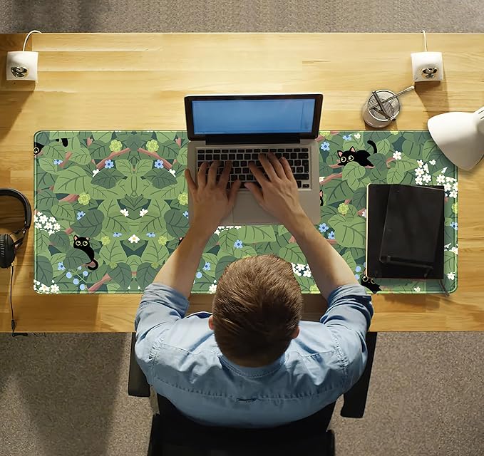 Green Mousepad Desk Mat Cute Anime Black Cat Kawaii Mouse Pad Gaming XL Large Extended Sage Leaves Desk Matt for Desktop, Computer Keyboard Mouse Mat for Women Office Decor Accessories 31.5x11.8 in