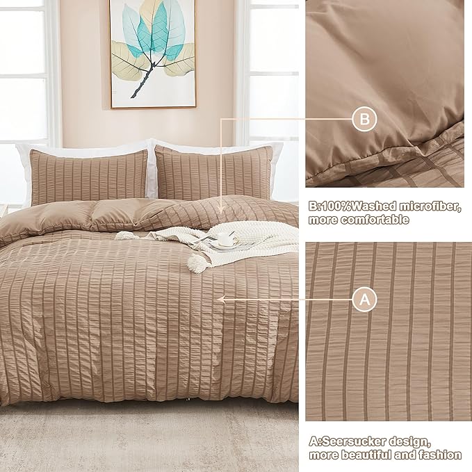 AveLom Seersucker Duvet Cover Set Queen Size, 3 Pieces, Taupe Ultra Soft Washed - Image 5