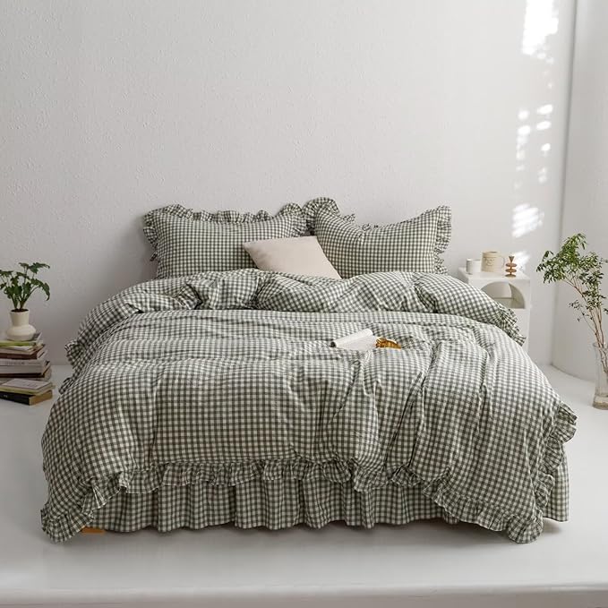 mixinni Green Gingham Ruffle Duvet Cover Full Size 3 Pieces – 100% Washed Cotton - Image 3
