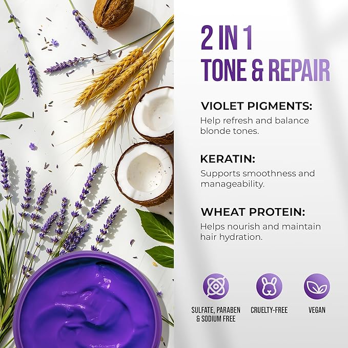 SUNATORIA Purple Hair Mask for Blonde & Bleached Hair, 2-in-1 Keratin Toning - Image 3