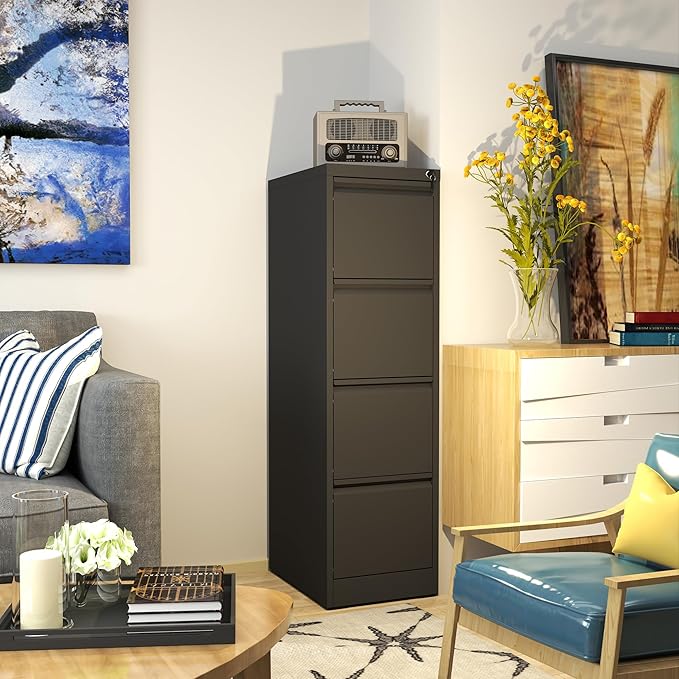 Reegangfa 4 Drawer File Cabinet with Lock, 18" D Metal Vertical Filing Cabinets, Steel File Storage Cabinets for Home Office, Hanging A4 Legal/Letter Size Narrow File Cabinet, Assembly Required