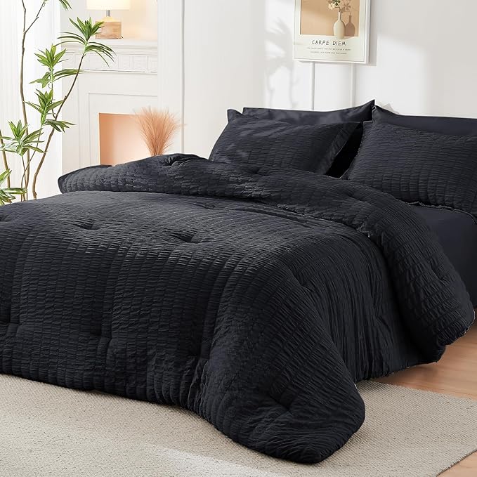 HYMOKEGE Black Oversized Queen Comforter Set Seersucker 7 Pieces, All Season - Image 8