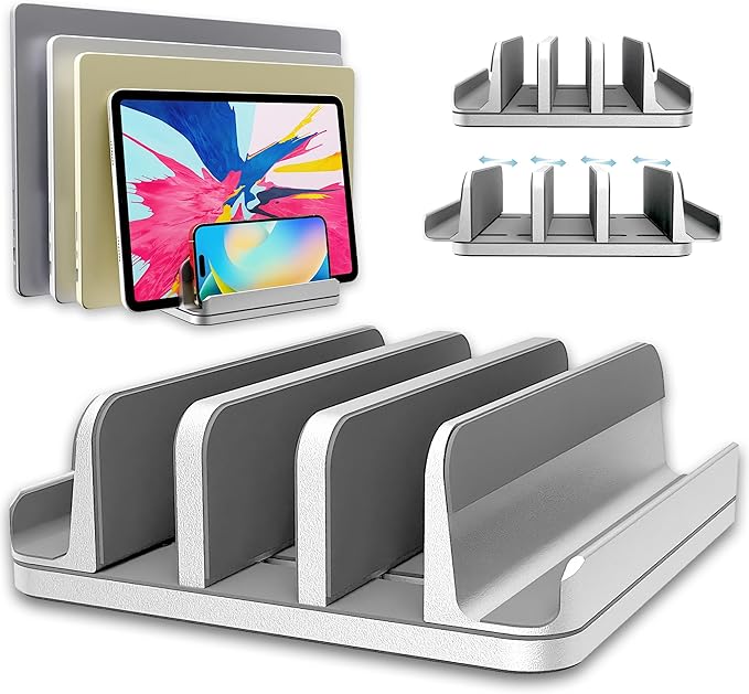 TEFONIA Adjustable Laptop Stand, 5 Slots, Aluminum Space-Saving, for Apple MacBook/Surface/Galaxy/Tablet/iPad/iPhone, Silver