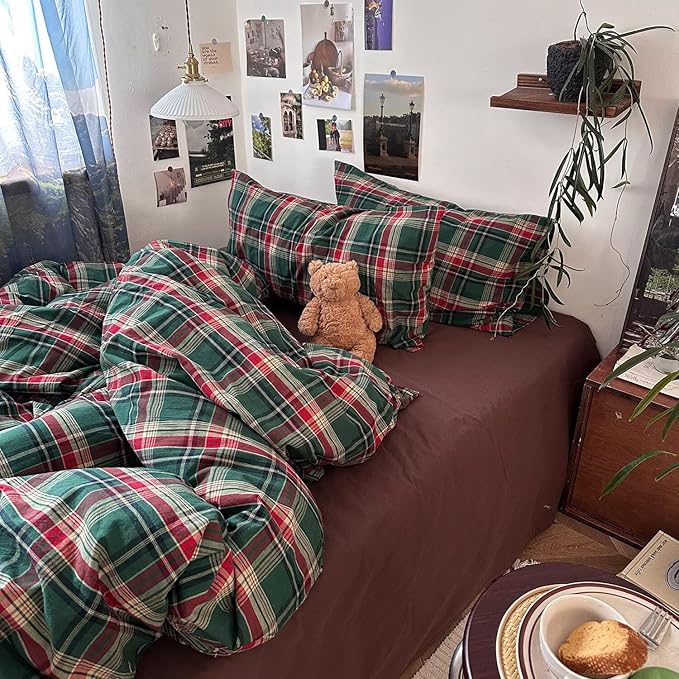 mixinni Vintage Green Buffalo Plaid Washed Cotton Duvet Cover King - Image 8