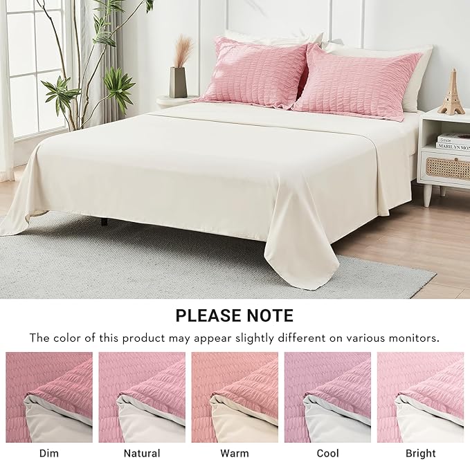 HYMOKEGE Pink/Ivory Twin Comforter Set Seersucker 5 Pieces, All Season Luxury - Image 3