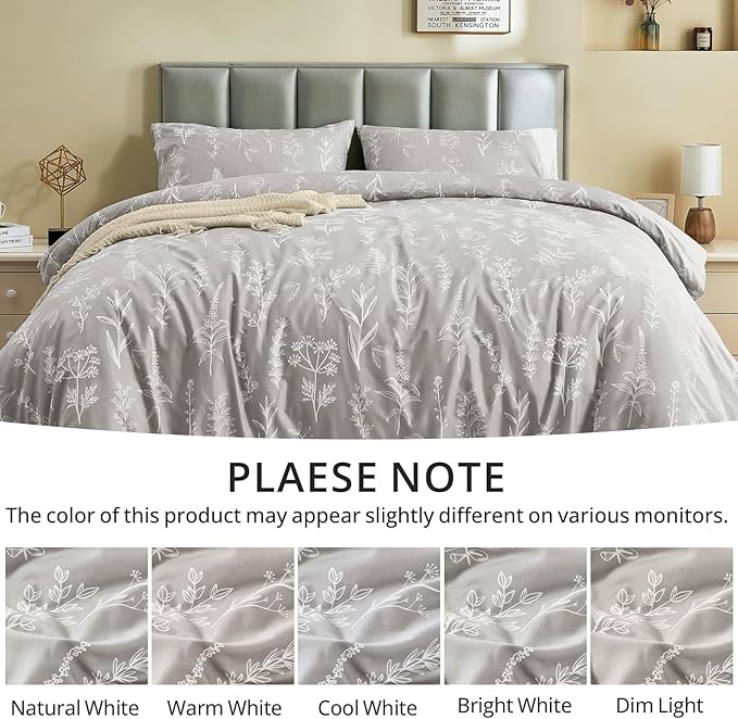 MUXHOMO Duvet Cover Queen Size, Reversible Floral Silver Gray Duvet Cover Set - Image 7