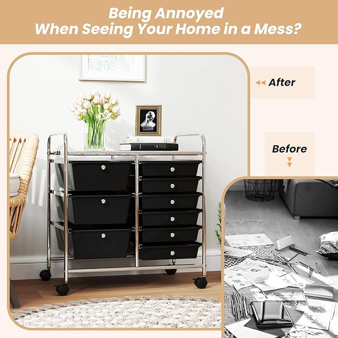 GOFLAME 9-Drawer Rolling Storage Cart, Mobile Utility Cart with Removable Drawers & Metal Frame, Art Craft Organizer Cart with Lockable Wheels, Storage Drawer Cart for Home Office School, Black