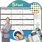 Large Dry Erase Calendar for Wall, 38" x 68" - Undated, Yearly, Reusable - Full 12 Month Year - Includes Markers, Eraser & Accessories