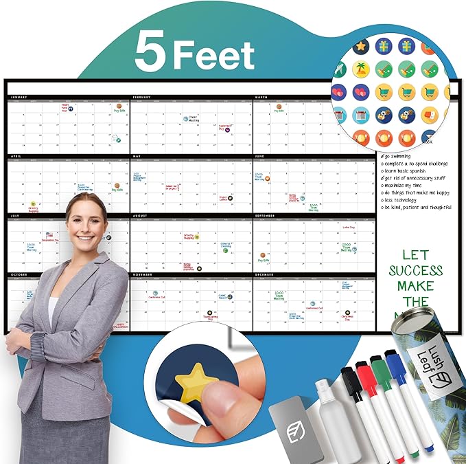 Large Dry Erase Calendar for Wall, 38" x 68" - Undated, Yearly, Reusable - Full 12 Month Year - Includes Markers, Eraser & Accessories