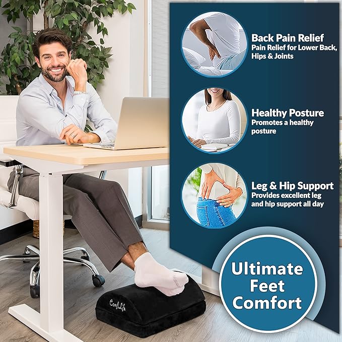 ComfiLife Foot Rest for Under Desk at Work – Adjustable Height Memory Foam Foot Stool for Under Desk, Office Chair & Gaming Chair – Ergonomic Footrest for Back & Hip Pain Relief (Black)