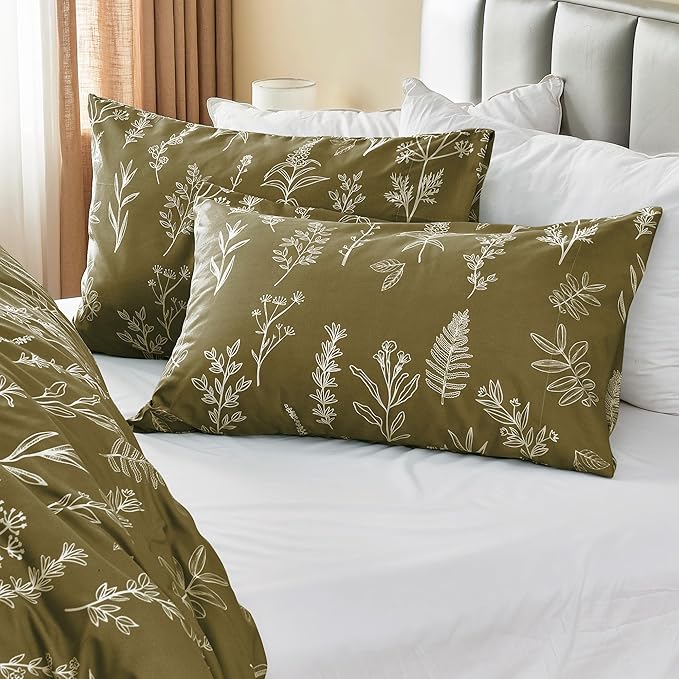 MUXHOMO Duvet Cover Queen Size, Reversible Floral Olive Green Duvet Cover Set - Image 4