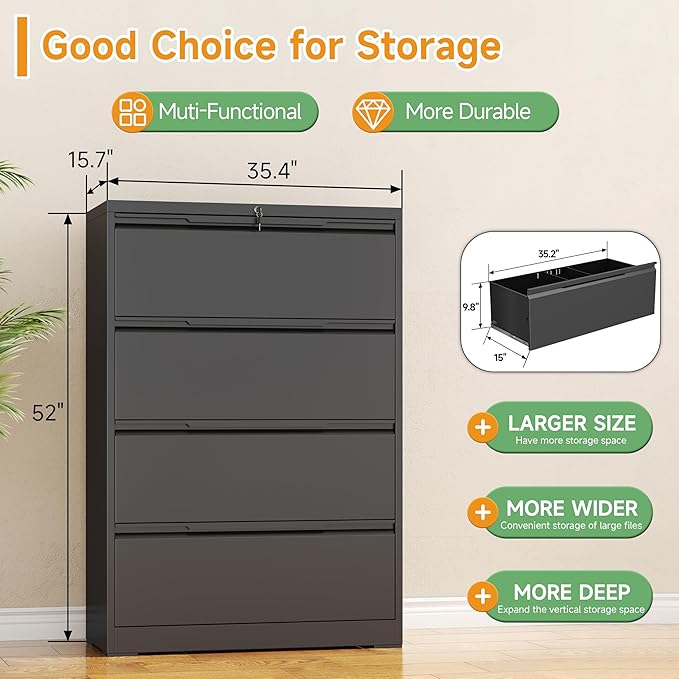 LONGLINK 4 Drawer Lateral File Cabinets with Lock,Metal Filing Cabinet for Home Office,Wide Office Storage Cabinet with Hanging Bars for A4 Legal/Letter Size(Easy Assembly)