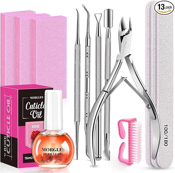 MORGLES Cuticle Remover Kit, 100/180 Nail File and Nail Buffer Blocks, Nipper by Morgles