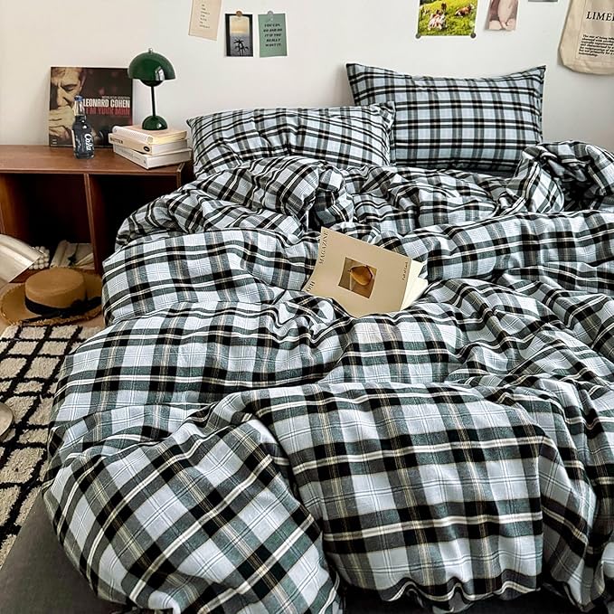 mixinni Vintage Grey & Pale Blue Buffalo Plaid Duvet Cover Set King Size - Image 8