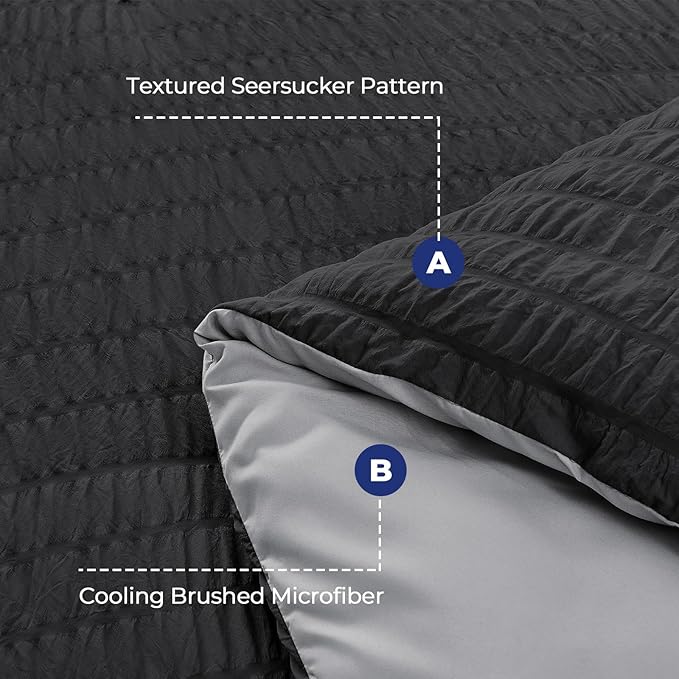 HYMOKEGE Black/Light Grey Duvet Cover Full Size, Ultra Soft 3-Piece Seersucker - Image 3
