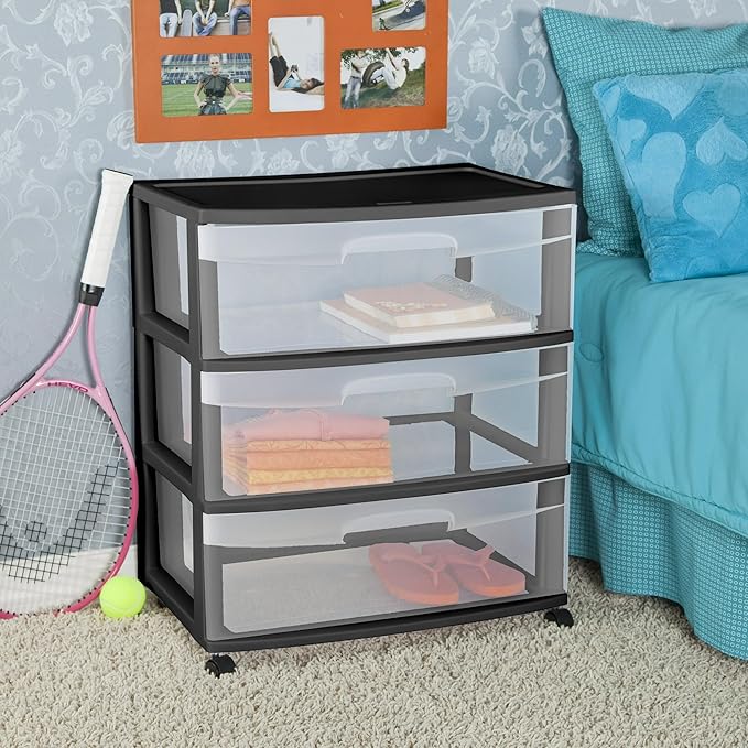 3-Drawer Wide Rolling Storage Cart with Clear Drawers and Wheels, Durable Plastic Storage Organizer for Bedroom, Closet, Dorm and Home Office.