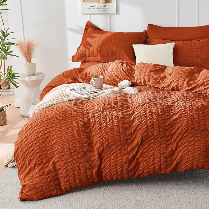 HYMOKEGE Burnt Orange Queen Comforter Set Seersucker 7 Pieces, All Season - Image 2