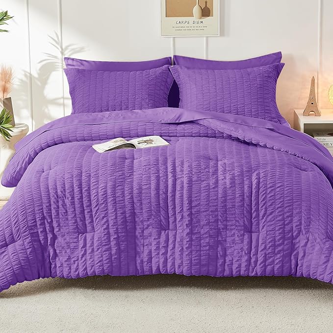 HYMOKEGE Bright Purple California King Comforter Set Seersucker 7 Pieces - Image 9