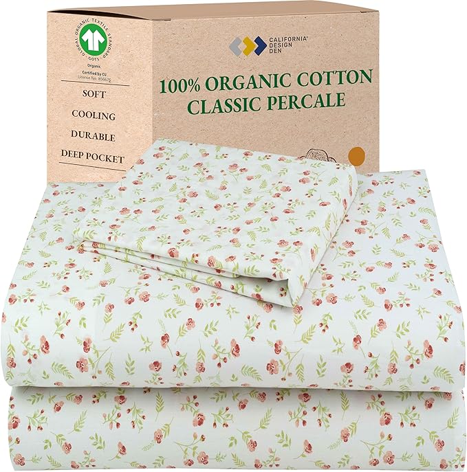 California Design Den Twin XL Floral Bed Sheet, 100% Organic Cotton Percale by CaliforniaDesignDen
