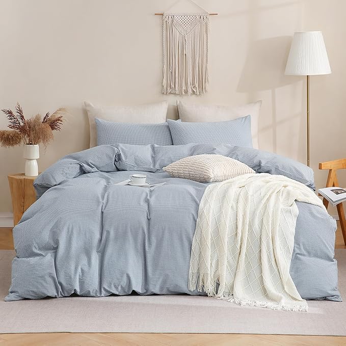 TOCOMOA Mini Gingham Blue Duvet Cover Bedding Set 100% Washed Cotton Like Linen - Image 3