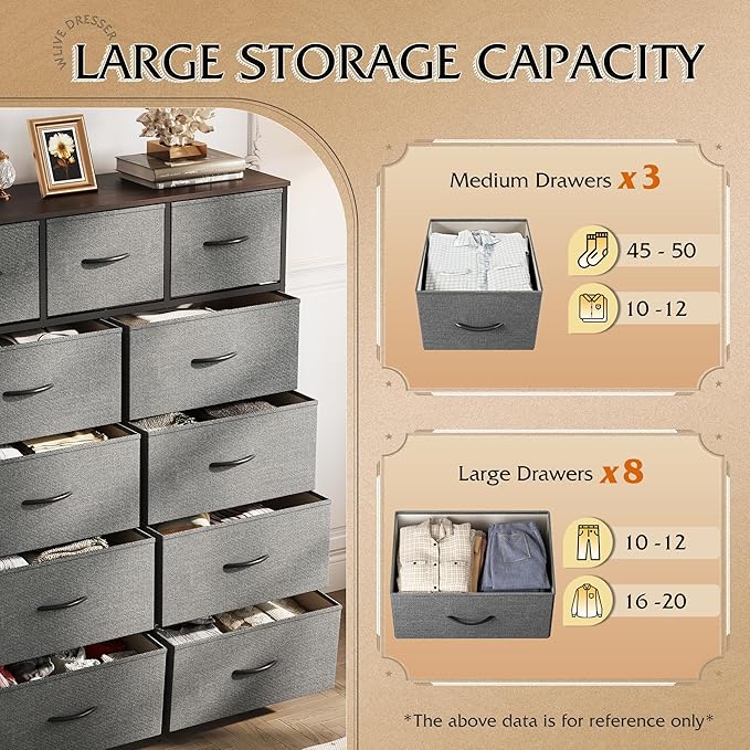 WLIVE Tall Dresser for Bedroom, Fabric Dressers Storage Tower, Dresser & Chest of Drawers Organizer Unit with 11 Drawers, Storage Cabinet, Hallway, Closets, Steel Frame, Wood Top, Dark Grey
