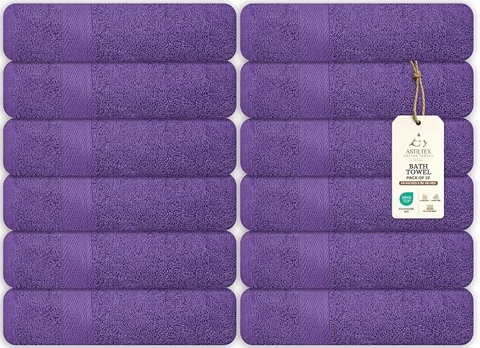 Large Bath Towels Bulk Set of 12 – 100% Cotton Terry – 24" x 50" – Quick Dry by ASTILTEXCottonTowels