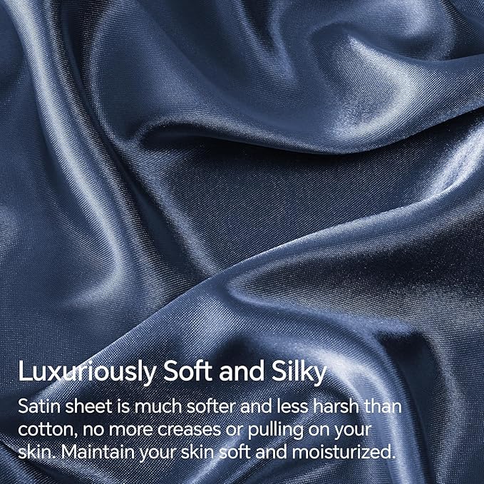 BEDELITE Satin Sheets Full Size Bed Set, Luxury Soft Navy Silky Sheet - Image 3
