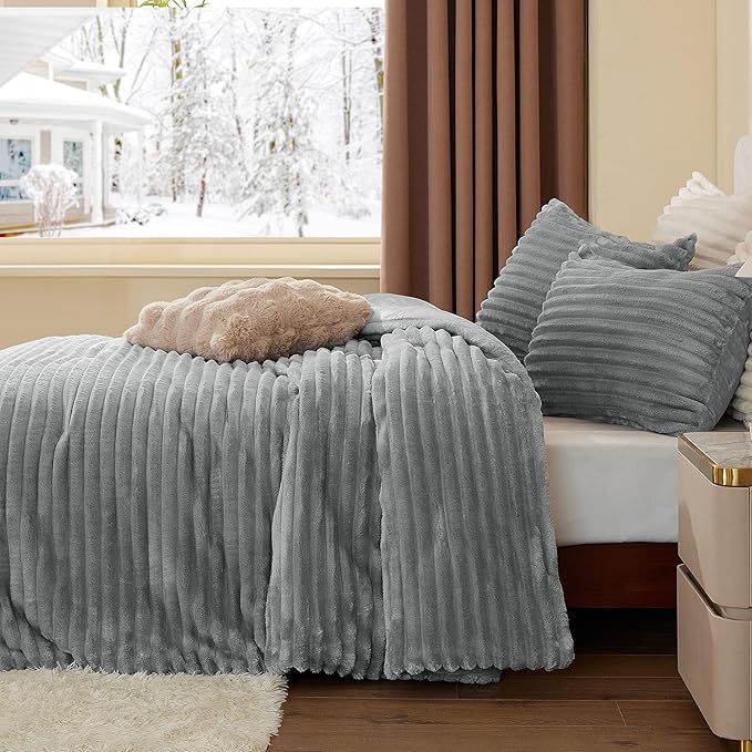 BEDELITE Fleece Twin Comforter Set -Super Soft & Warm Fluffy Light Grey Bedding - Image 4