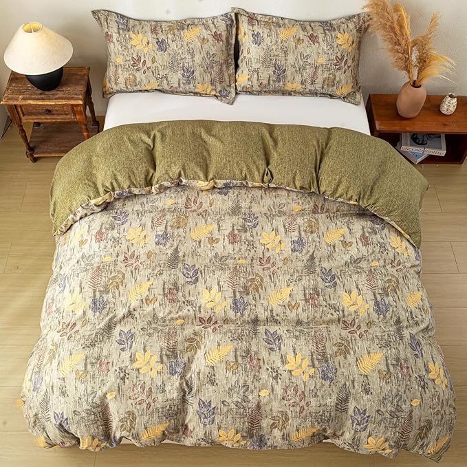 OAITE Green Leaves Queen Size Duvet Cover-3 Pieces Prewashed Cotton-Like - Image 6