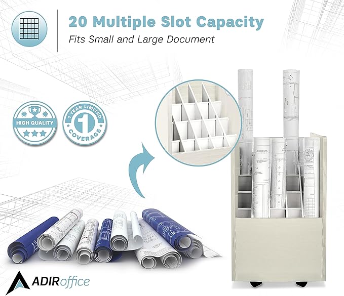 AdirOffice Adir Blue Print Storage Organizer - Mobile Roll File Cart, Construction Plan Holders, Blueprint Cabinet with Wheels, Roll Files Storage for Office and Home (20 Slots, White)