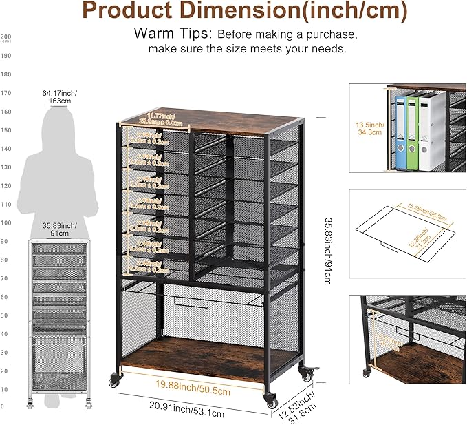 EasyPAG Rolling File Cart with 14 Slot Mail Organizer, Under Desk Storage with Hanging File Rack for Letter/Legal Folders, Mobile Filing Cabinet Printer Stand for Office Home Classroom, Black