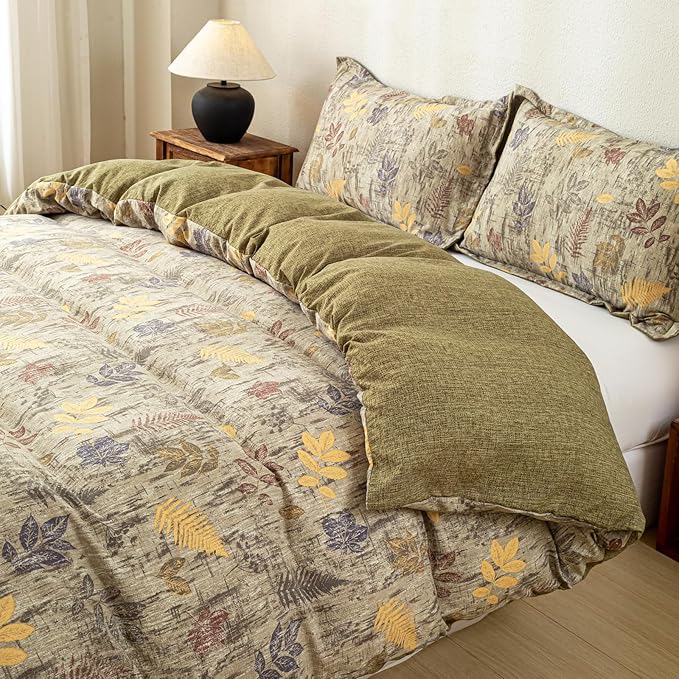 OAITE Green Leaves Queen Size Duvet Cover-3 Pieces Prewashed Cotton-Like - Image 5