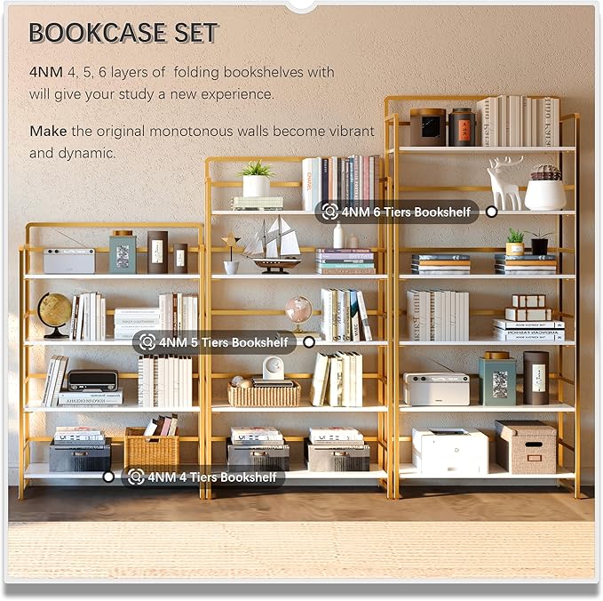 4NM No Assembly Extra Wide 5 Tiers Folding Bookshelf Storage Shelves Vintage Bookcase Standing Racks Study Organizer Home Office (White Gold)