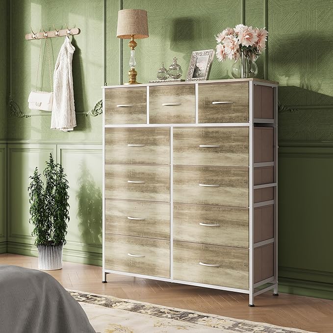 WLIVE Tall Dresser for Bedroom, Fabric Dressers Storage Tower, Dresser & Chest of Drawers Organizer Unit with 11 Drawers, Storage Cabinet, Hallway, Closets, Steel Frame, Wood Top, Greige