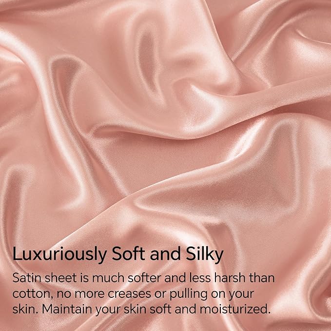 BEDELITE California King Sheets Set, Luxury Soft Coral Pink Satin Sheets - Image 3