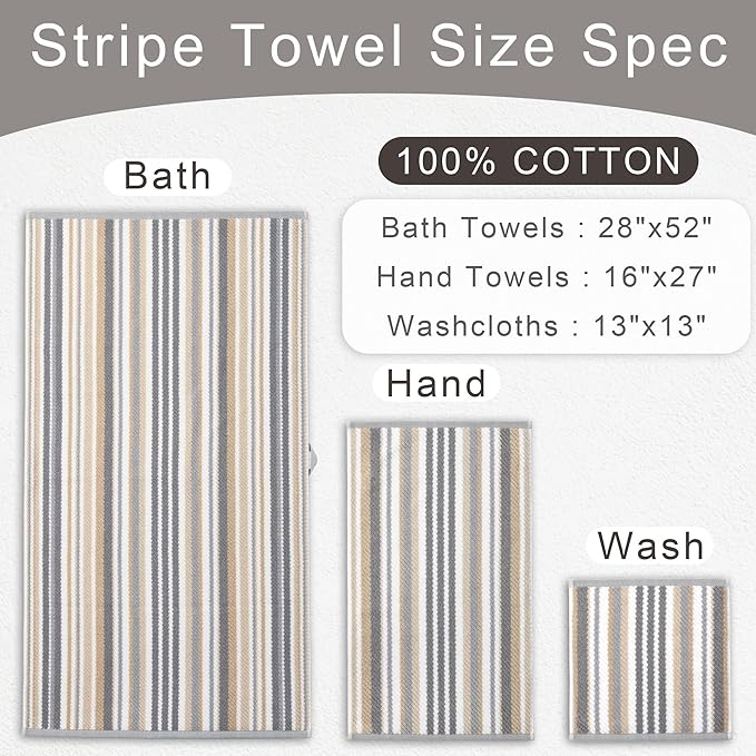 VOOVA & MOVAS Beige Striped Bath Towels, Bathroom Towels Set of 4, Tan Body - Image 3