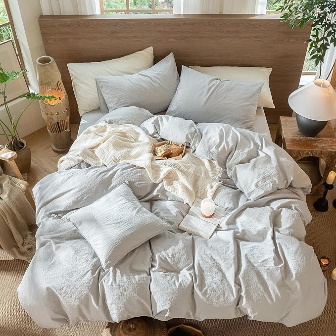 MooMee Wavy Striped Duvet Cover Set 100% Washed Cotton Linen Like Textured - Image 3