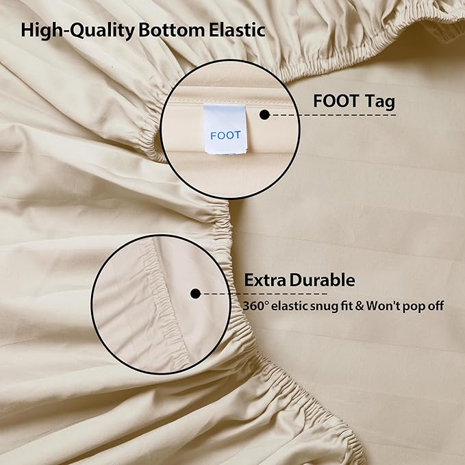 Queen Size Striped Fitted Sheet Only Beige Color, 100% Egyptian Cotton 600 - Image 6