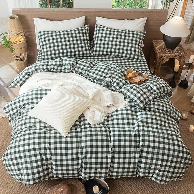 MooMee Gingham Duvet Cover Set 100% Washed Cotton Linen Like Textured by MOOMEE