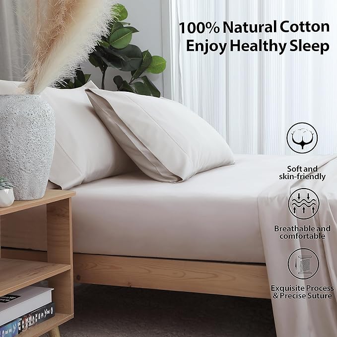 Twin XL Size Fitted Sheet Only Light Beige, 100% Egyptian Cotton 600 Thread - Image 2