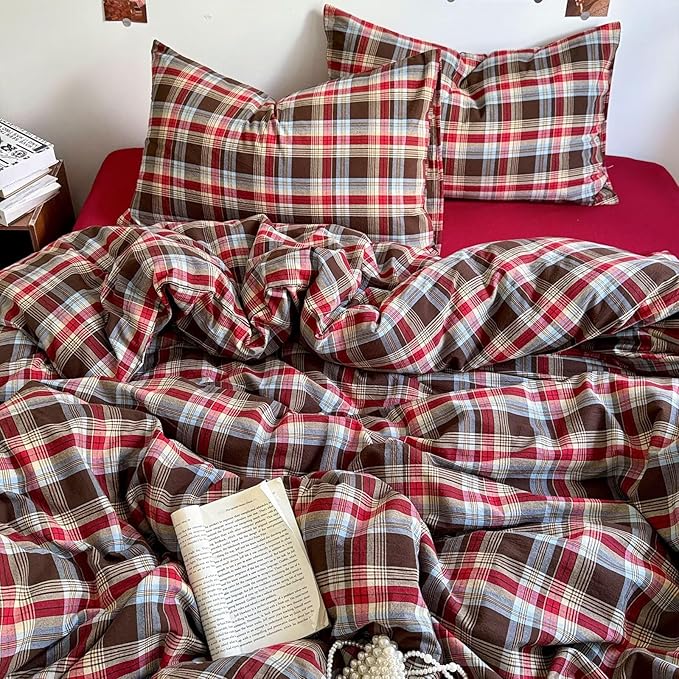mixinni Vintage Red & Brown Buffalo Plaid Duvet Cover Set Full Size - Image 9