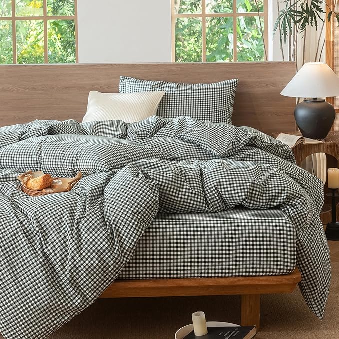 MooMee Gingham Duvet Cover Set 100% Washed Cotton Linen Like Textured - Image 6