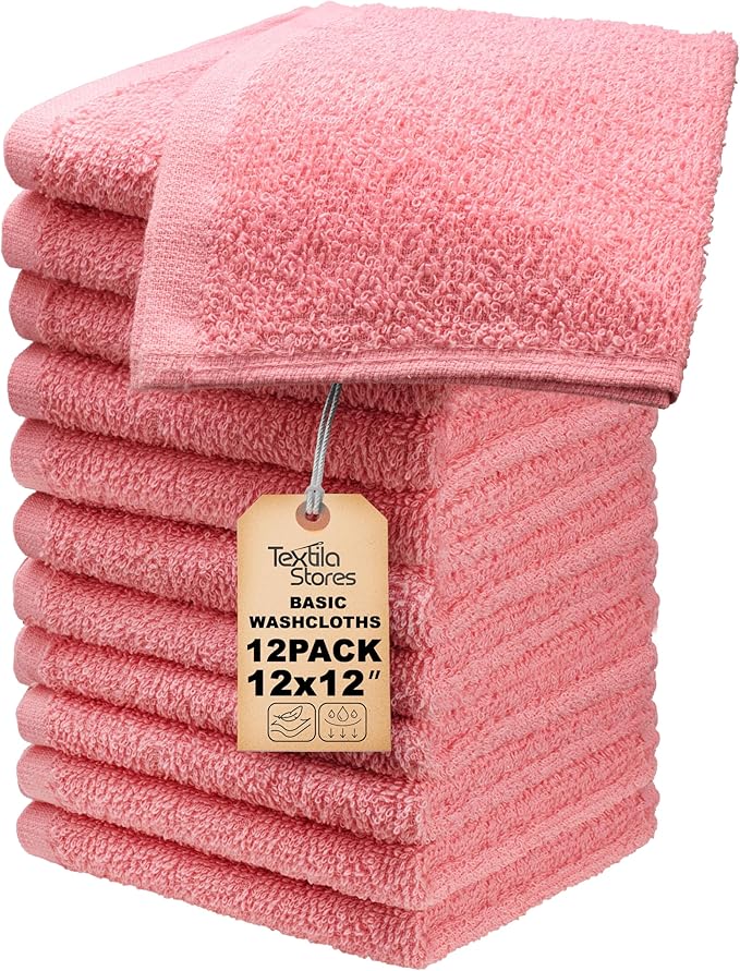Basic Wash Cloths 12x12 Inches – Pack of 12 – Rose Pink Color – Soft and by TEXTILA